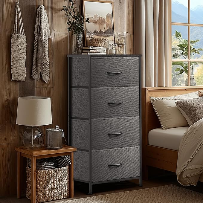 4 Fabric Drawer Dresser for Bedroom, Chest of Drawers with Waterproof Wood Top Tall Dresser for Hallway, Living Room, Kid Room (Grey and Charcoal Black)