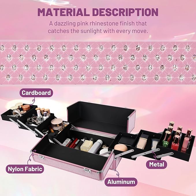 Large Makeup Train Case Cosmetic Organizer Case Makeup Box Portable Make Up Artist Travel Case with 6 Trays Dividers Lockable Hard Train Case Nail Tech Supply Storage - Crystal Pink