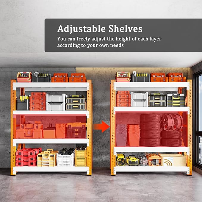 3000LBS Garage Shelving 42" W Garage Shelving Heavy Duty 4-Tier Metal Storage Shelves Adjustable Shelf Unit Storage Rack for Basement Supermarket Warehouse 42" W x 20" D x 78" H Orange-White