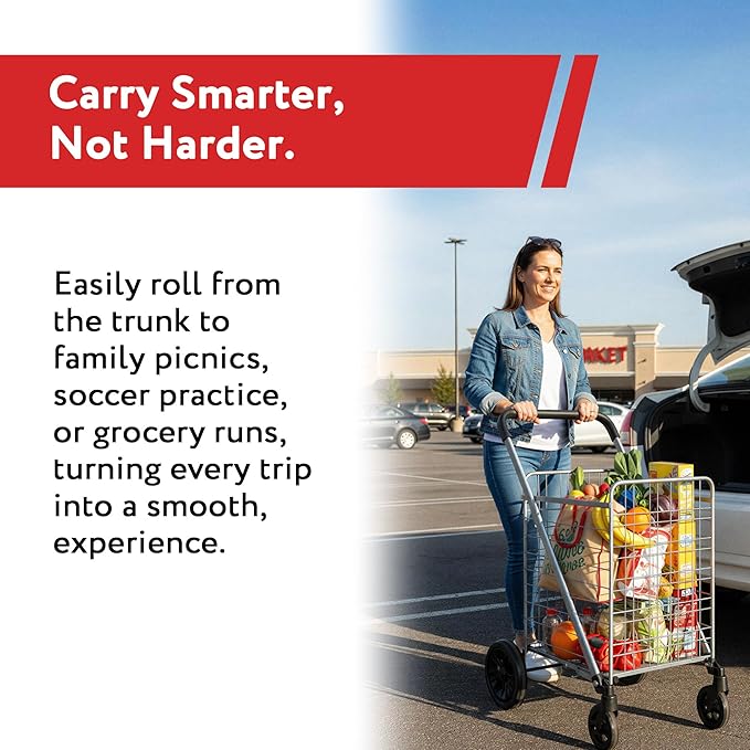 dbest Products Cruiser Cart Deluxe 2 - Foldable Shopping Cart with Wheels for Groceries - Heavy Duty Utility Cart with Brake System - Collapsible Laundry Cart - USA Designed - Holds 100 lbs - Silver