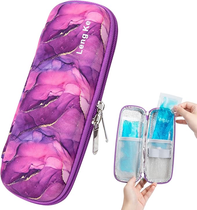 Leng Ke Upgraded Insulin Travel Case - EVA Travel Insulin Cooler Case TSA Approved with 2 Ice Packs, Portable Travel Medicine Cooler Bag for Insulin Pen and Blood Glucose Monitor Supply (Mable Purple)