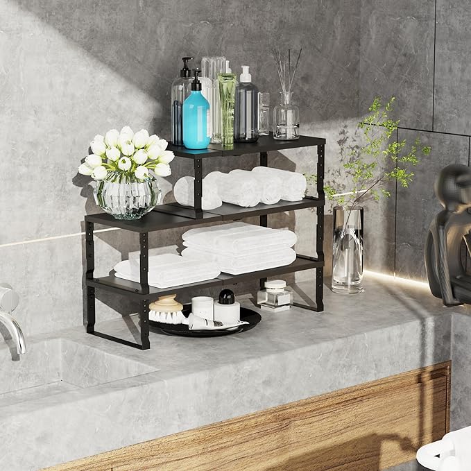 Expandable Stackable Spice Rack Organizer for Kitchen Cabinet,Adjustable Counter Shelf, countertop, Pantry,Cupboard,Bathroom,Bedroom(2Packs/Black/Large)