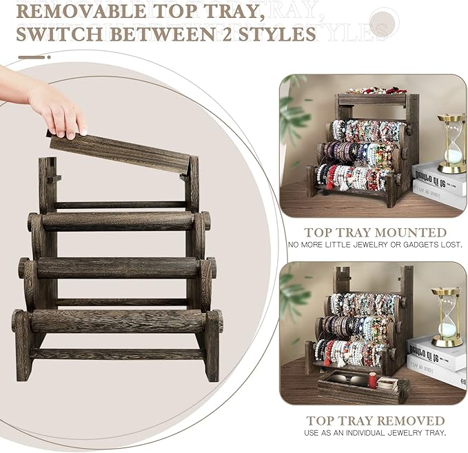 LadyRosian 4 Tier Wooden Bracelet Holder, Bangle Watch Necklace Display Storage Jewelry Holder Stand Display Organizer (Brown-box)