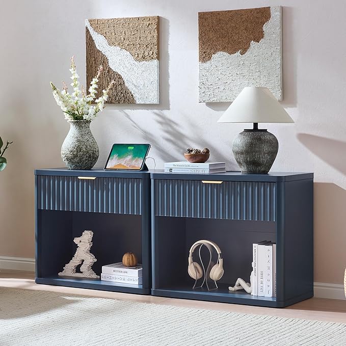 LEYAOYAO 31" Wide Fluted Nightstand with Charging Station, Oversized Extra Large 1 Drawer Night Stand with Golden Handle, Blue Wood Bedside Table Tall End Tables,for Bedroom, Living Room, Hallway