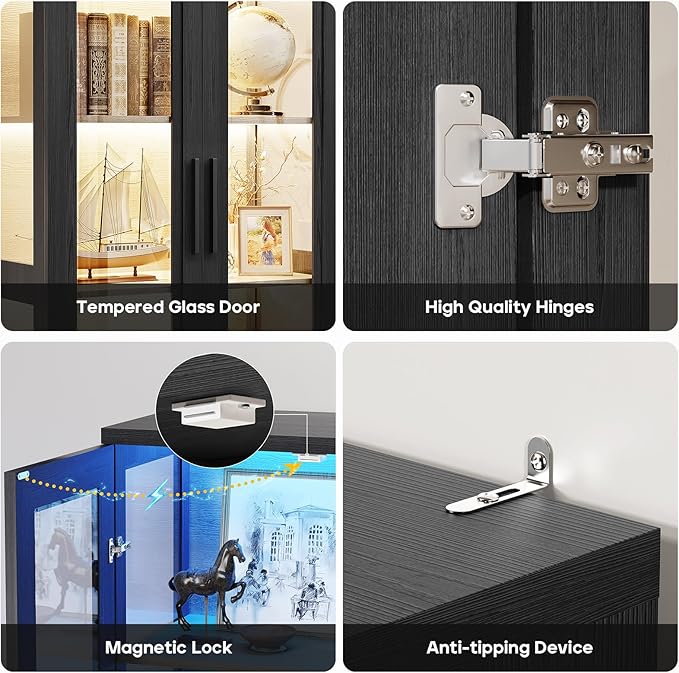 Curio Cabinet with Glass Doors, Bookcase with 4 Shelves, Display Cabinets for Collectibles, China Cabinet with 3 Color LED Lights and Human Body Sensing, Buffer Hinge, Black