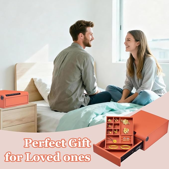 Biometric Fingerprint safe, Slide-Away Handgun Safe for Pistols, Leather Wrapped Jewelry Storage Safe, Drawer Safe for Home,Digital Keypad & Quick-Access Drawer (Orange-1 Drawer)