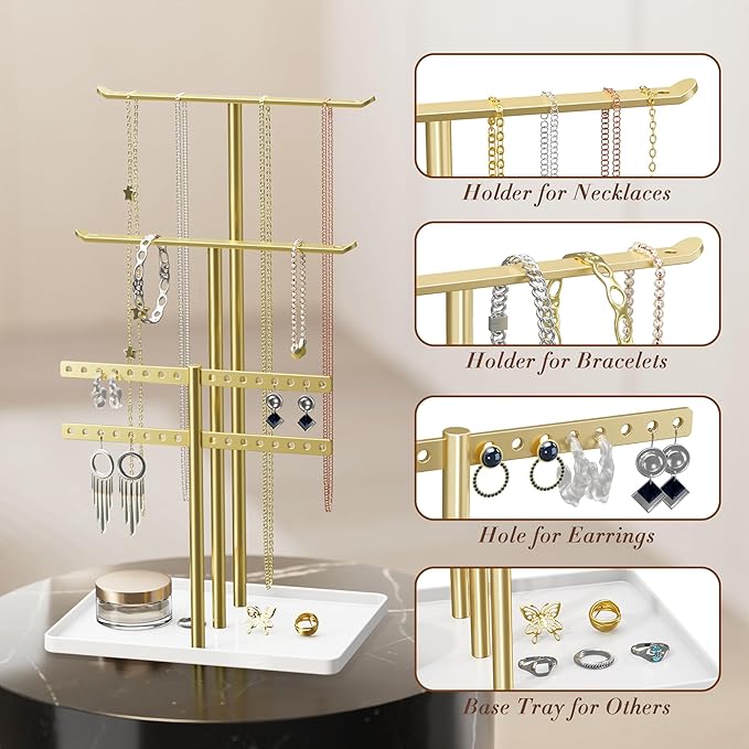 Jewelry Stand Organizer for Necklace Earring - 14.5" Sturdy Metal, 3-TierJewelry Holder for Bracelet, Ring Display and Storage, Gold