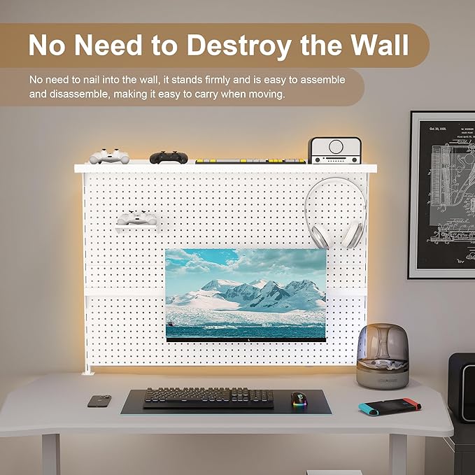 KEIKI Clamp-On Desk Pegboard with Single Monitor Stand, 43" x 35" Steel Peg Board Office Organizer with Hooks, Movable Panel & Shelf for Office Supplies, Gaming Setup & Desk Organization, White