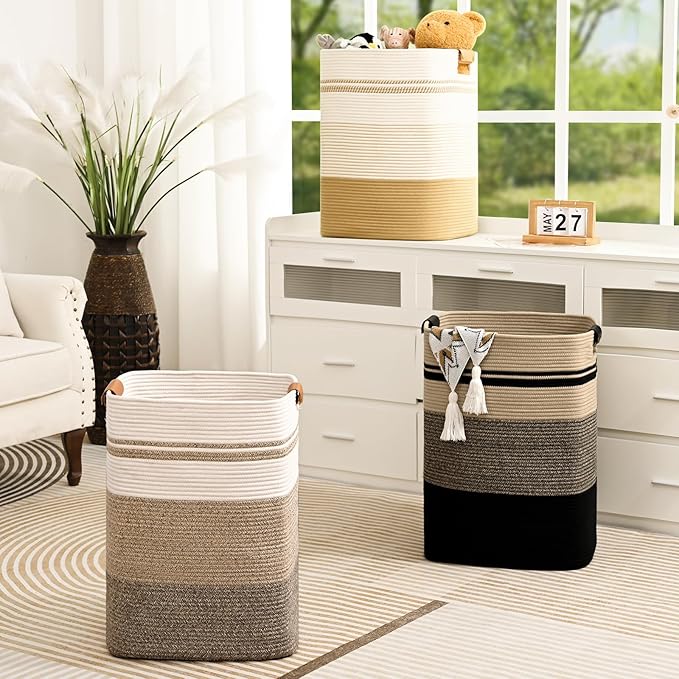 Laundry Hamper, 75L Tall Laundry Basket with Leather Handles, Rectangle Large Clothes Hamper for Organizing, Cotton Woven Laundry Baskets Storage Hampers for Bedroom, Nursery, Living Room