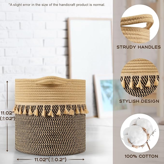 danpinera Pack of 3 Storage Baskets, 11"x11" Round Woven Baskets, Cotton Rope Basket for Storage Pillows, Towels, Toy, Clothes, Magazines, Black & Brown