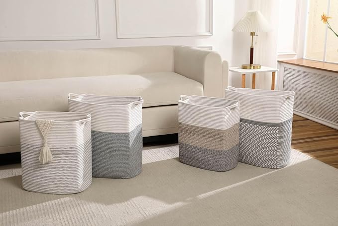 Tall Laundry Basket With Handles,Woven Cotton Rope Big Laundry Hamper Sorters,Versatile Storage for Dirty Clothes,Baby Toys,and Blankets in Bathroom, Nursery,and Living Room (White/Gray, 68L)