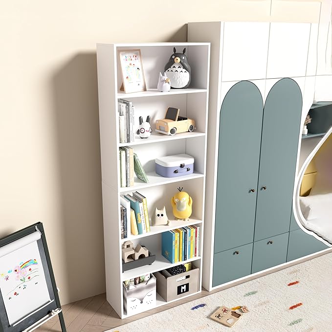 6 Tier Book Shelf，Wooden 6 Cube Storage Organizer,6 Tier Low Bookcase Storage Display Organizer, 64 Inch Versatile Cubes Shelf and Cubby Unit for Any Space (White, 6 Cube-W(23.6inch)