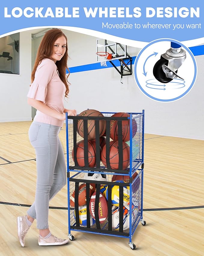 Mythinglogic Rolling Sports Ball Storage Cart, Sports Lockable Ball Storage Locker with Elastic Straps, Stackable Ball Cage for Garage Storage Garage Organizer