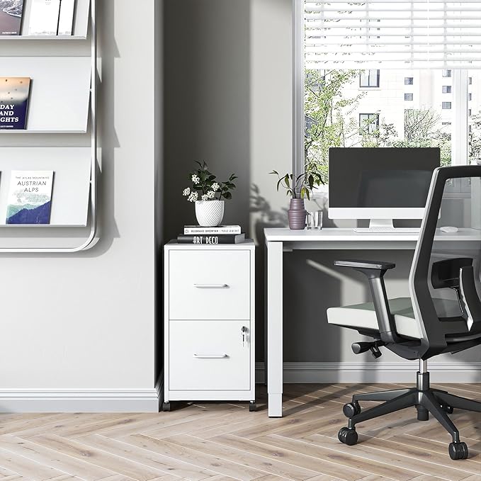 2 Drawer File Cabinet on Wheels, Mobile Filing Cabinets with Lock, Metal Storage Cabinet, Vertical Filing Cabinets for Home Office, Rolling File Cabinet for Under Desk, Amssebly Required,White