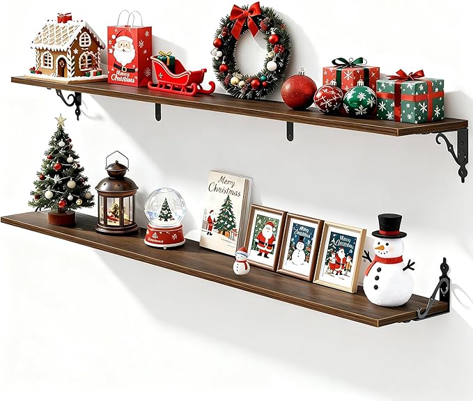 Fun Memories 55 Inch Floating Shelves, Long Floating Shelves Wall-Mounted, 8 Inch Deep Bookshelf with Bracket, 55" W x 8" D Shelves for Wall Display & Storage, Walnut, Set of 2