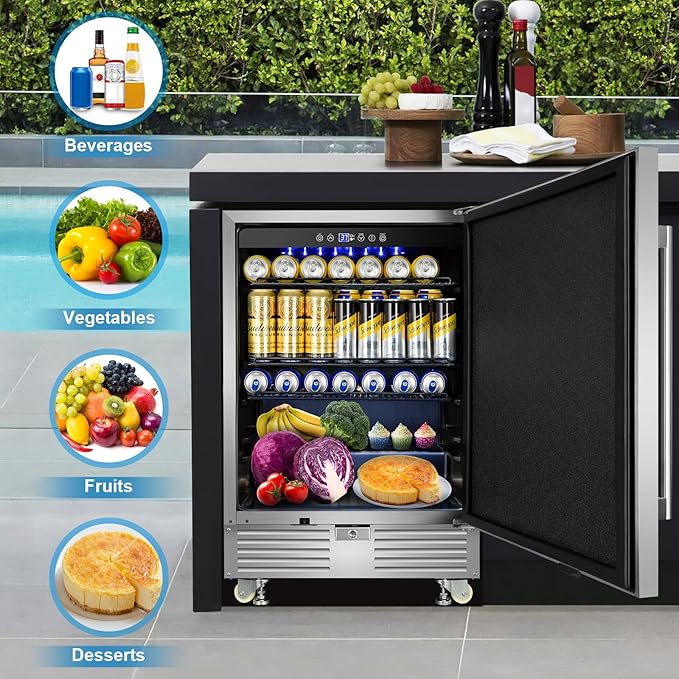 Outdoor Refrigerator 24 Inch, Undercounter Beverage Fridge with Wheels, 180 Cans Waterproof Stainless Steel Fridge for Outdoor Kitchen and Patio