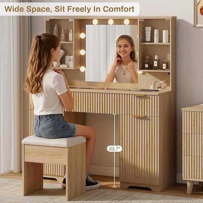ONME Fluted Vanity Desk 47.2" with Mirror and Lights, Big Vanity with 5 Large Drawers and Adjustable Shelves, Makeup Vanity Table with Glass Top and Charging Station for Women and Girls Bedroom