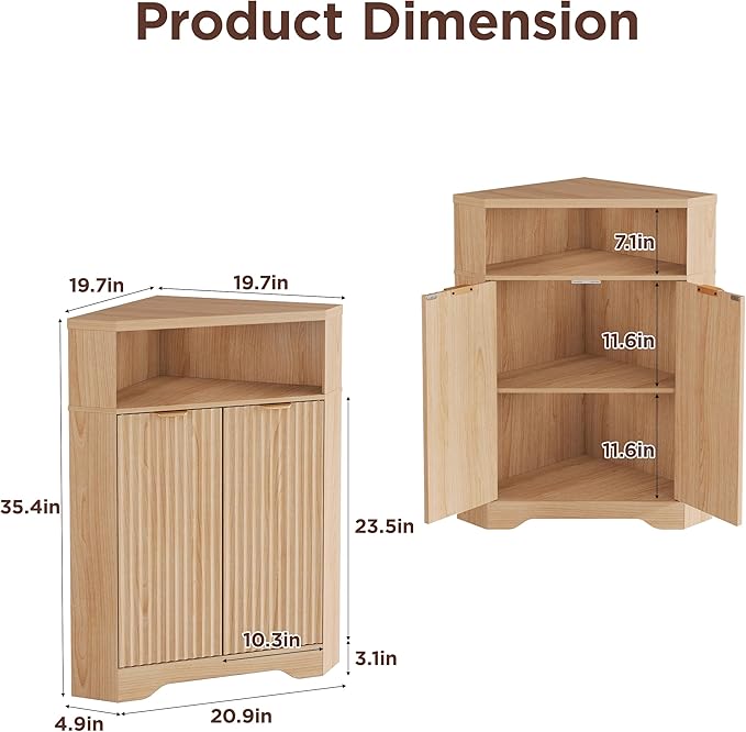 Vabches Corner Cabinet, Corner Bathroom Cabinet with Open Storage, Modern Fluted Storage Cabinet with 2 Doors and Adjustable Shelf, Space Saver for Bathroom, Kitchen, Living Room, Pantry, Natural