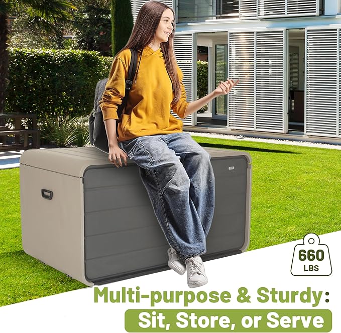 KUIKUI Deck Boxes Outdoor Waterproof, Large Outdoor Deck Box with Wheels Waterproof, 260 Gallon XXL Storage Box Lockable, Grey