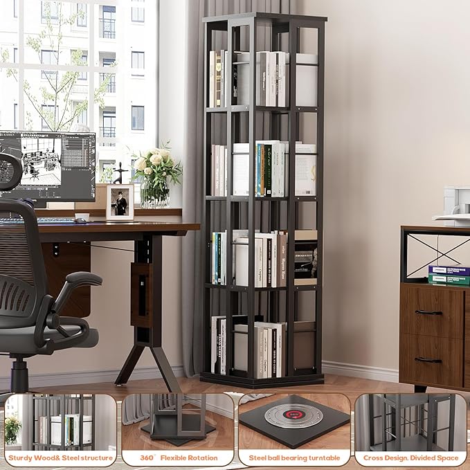 Aheaplus Rotating Bookshelf, Corner Bookshelf, 360 Display Wood Spinning Bookshelfs, Floor Standing Bookcase Narrow Shelf Revolving Organizer Storage Rack for Small Space, Bedroom, Study Room, Black