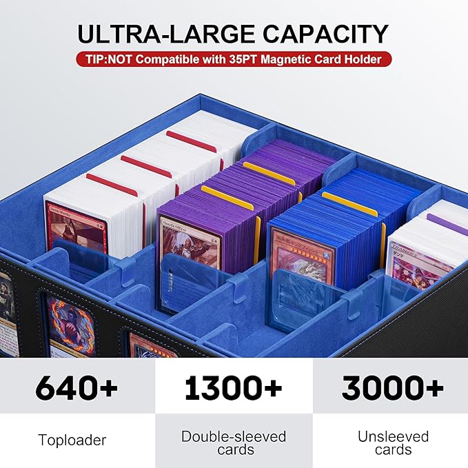 Trading Card Storage Box with Portable Handle, 3000+ MTG Storage Box with 4 Card Stoppers Commander Display Deck Box Card Case Top Loaders MTG TCG Sports Cards Commander Deck Box(Black&Blue)