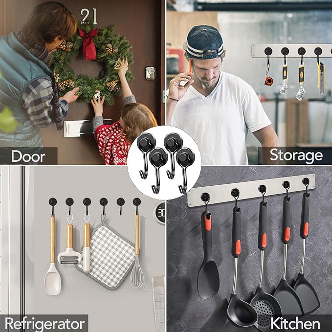 MIKEDE Magnetic Hooks, 40Lbs Heavy Duty Neodymium Magnet Hooks Black Magnets with Swivel Hooks for Hanging, Rust Proof Strong Magnets Hook, Magnetic Metal Hanger for Fridge, Storage, 6 Pack