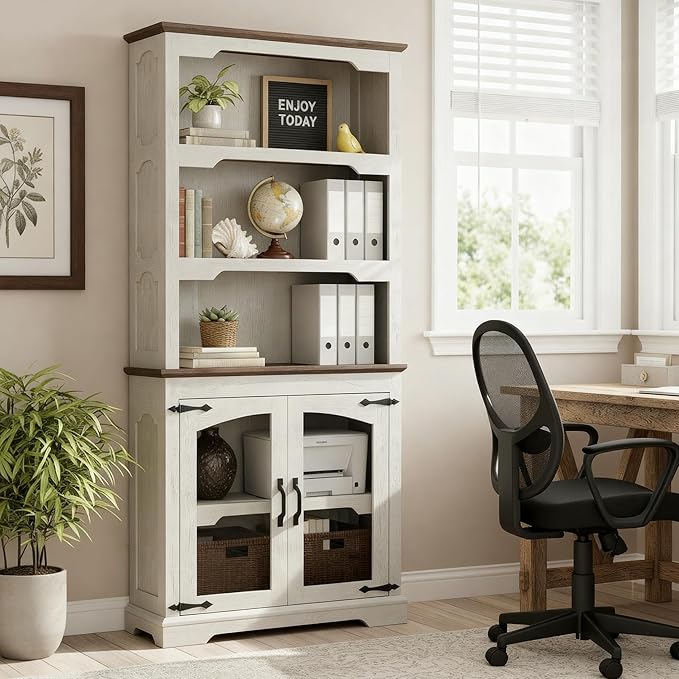 70 Inch Farmhouse Bookcase, Distressed White and Walnut Two-Tone Shelves, 5 Tier Bookshelf with Arched Trim Glass Doors, Living Room Storage Cabinet Unit, 31.5x11.8 Inches (White&Walnut, Glass Doors)