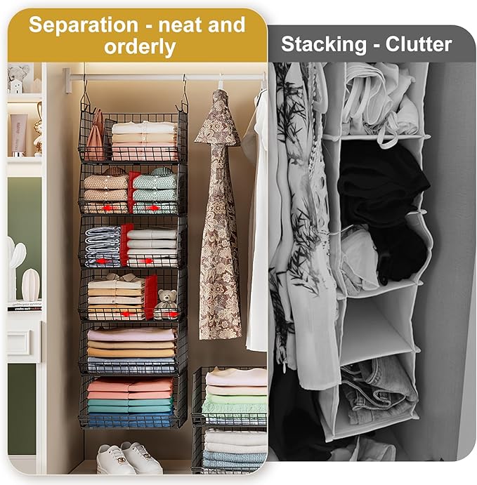 6 Tier Extra Large Hanging Storage Organizer,Hanging Closet Shelves with Dividers,Closet Organizer Wire Shelf with 5 S Hooks,Bedroom,Laundry Storag-Black