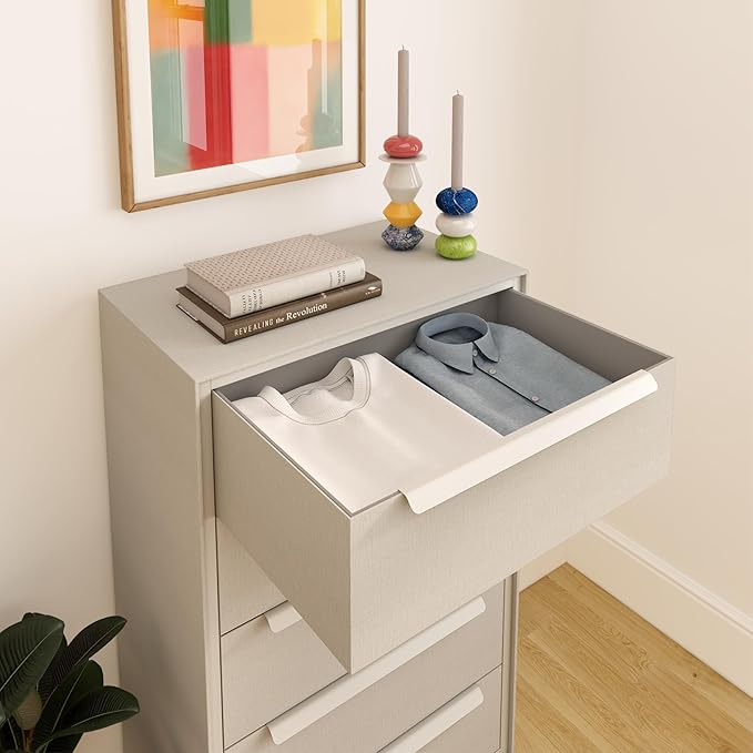 tinge Naima Premium Fabric Dresser - Strong Metal Frame, 5 Spacious Sag-Proof Drawers with Sleek Metal Handles - Premium & Durable Storage Solution for Your Home (Beige)
