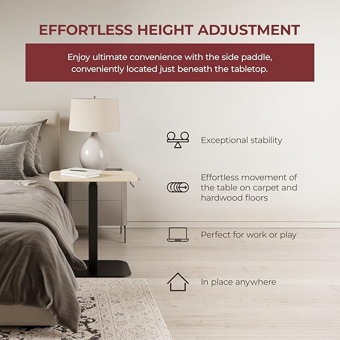 Ergohome™ ELEVANCE Table™ Effortless Height Adjustable Side Table for Couch Bed, Laptop Table - Small End Table Office Coffee Table - Superior Stability Sofa Side Table (Black Base Washed Oak Top)