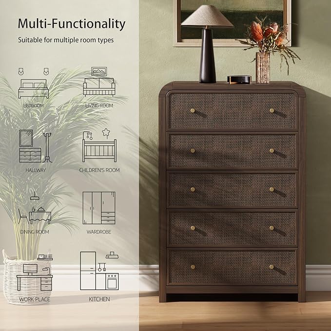 Oak&Sparrow 5 Drawer Tall Dresser for Bedroom, 47'' Rattan Dresser with Ample Storage, Boho Chest of Drawers, Thickened Curved Profile Design, Dark Walnut Dressers for Bedroom, Living Room