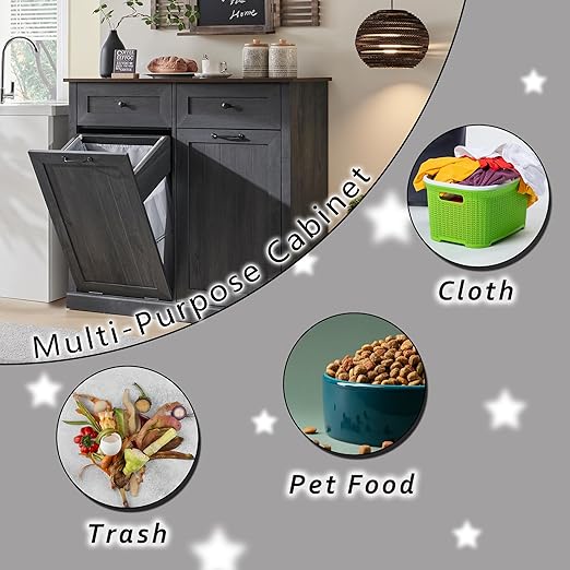 Double Tilt Out Trash Cabinet, 20 Gallon Farmhouse Laundry Hamper Cabinet with 2 Drawers, Hidden Wooden Trash Can Cabinets with Storage Basket for Kitchen, Living Room (Dark Grey)