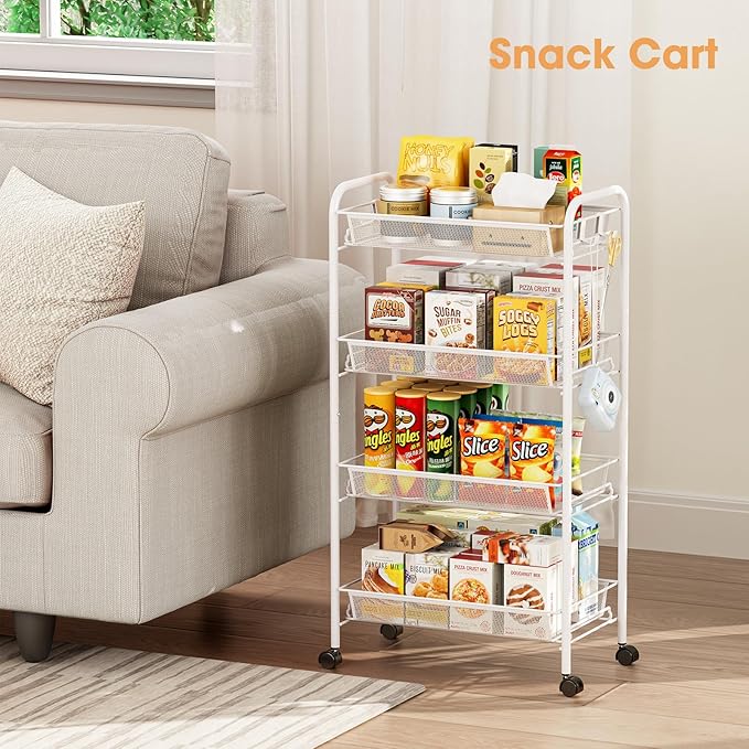 TOOLF 4-Tier Rolling Cart, Metal Utility Cart with 3 Hooks, Easy Assemble Mobile Storage Trolley On Wheels, Metal Shelving Units Kitchen Bathroom Laundry Room