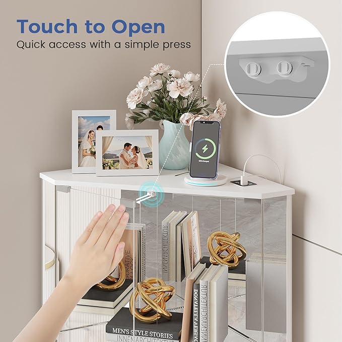 Corner Display Cabinet with Glass Doors, Small Display Case with 3-Color LED Lights and Charging Station, 2-Tier Curio Cabinet with Storage and Shelf, White