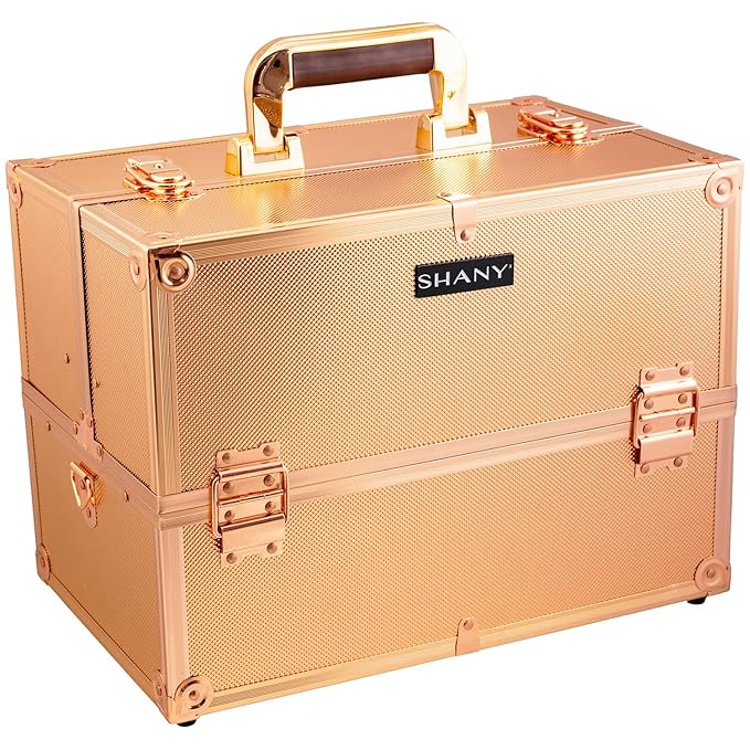 SHANY Essential Pro Makeup Train Case Cosmetic Box Portable Makeup Case Cosmetics Beauty Organizer Jewelry storage with Locks, Multi Compartments Makeup Box and Shoulder Strap - Rose Gold
