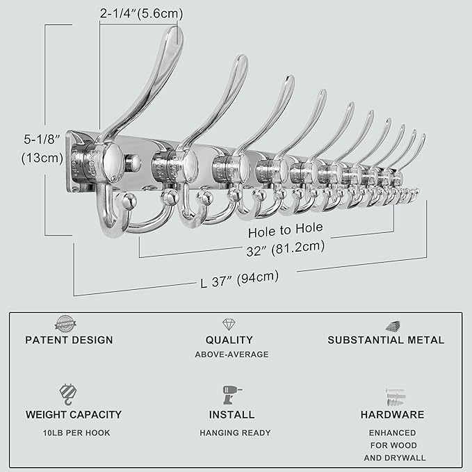 Dseap MaxStrong 2.0 Coat Rack Wall - 37” Long 10 Tri Hooks - Ultra Heavy-Duty Stainless Steel Wall Mount Coat Hanger, Hook Rail for Clothes Hats Jacket Towels Chromed, Pack of 2