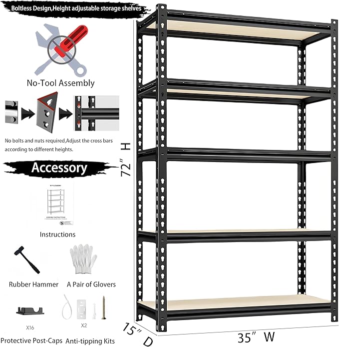 Storage Shelving Unit Heavy Duty Garage Shelves Metal Utility Rack for Kitchen Pantry Basement Pantry Warehouse Laundry Black 72" H x 36" W x 16" D 5-Tier 2000LBS