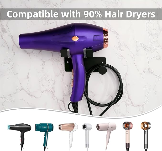Hair Dryer Holder Stainless Steel, Blow Dryer Holder Self Adhesive, Dyson Hair Dryer Holder Wall Mounted Compatible with Dyson, Hairdryer Holder for Bathroom Black PTALSEAW