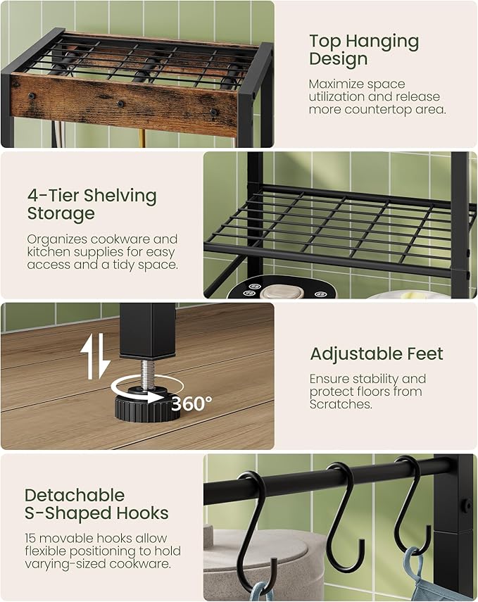 5-Tier Pot Rack, Floorstanding Pots and Pans Organizer, Kitchen Bakers Rack, Kitchen Island Table, Pots and Pans Organizer, Storage Stand, for Living Room, Rustic Brown and Black TPR16BF