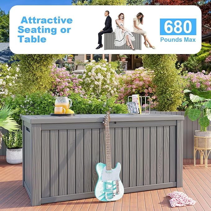 180 Gallon Deck Box,Resin Outdoor Storage Box with Lockable for Patio Furniture, Pool Accessories, Garden Tools Waterproof Outside Storage Box, Grey