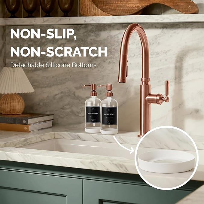 Vine Creations Clear Glass Soap Dispenser, 2 Pack Kitchen Soap Dispenser Set with Stainless Steel Pump, 16 oz Dish Soap and Hand Soap Dispensers for Bathroom with Waterproof Labels