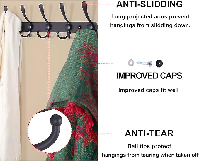 Dseap Coat Rack Wall Mounted - 5 Tri Hooks, Heavy Duty, Stainless Steel, Metal Coat Hook Rail for Coat Hat Towel Purse Robes Mudroom Bathroom Entryway (Silver, Pack of 2)