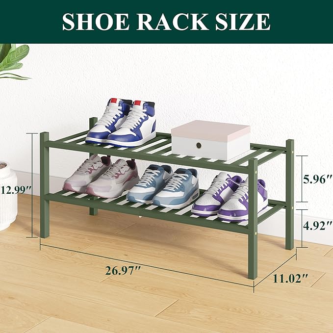 Smiry Bamboo Shoe Rack for Closet, 2 Tier Wooden Stackable Shoe Organizer, Free Standing Shoes Storage Shelf for Entryway, Front Door Entrance, Green