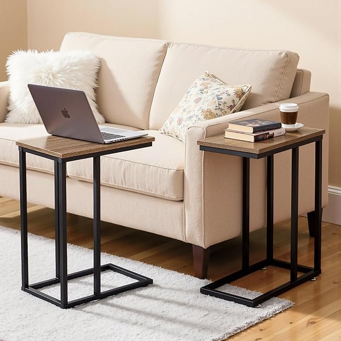 VECELO C Shaped End Side Table for Sofa Couch and Bed Snack TV Tray for Living Room Bedroom, 2 PCS,Grey
