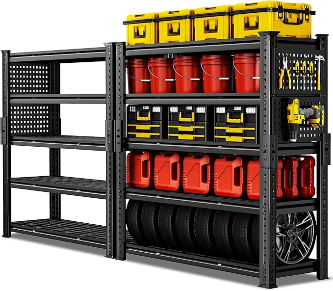 SILVEL 48.2" W Garage Shelving, 5000LBS Heavy Duty Metal Shelving, 2025 Grid Storage Shelves with 2 Side Pegboards, Industrial 5 Tier Shelves for Basement Pantry Warehouse Supermarket, 2 Pack