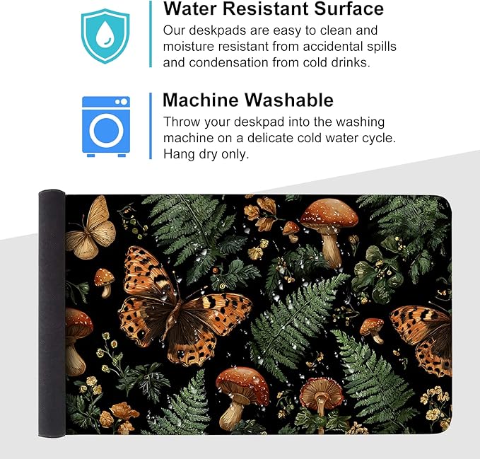 Vintage Butterfly Mushroom Mouse Pad – Large Extended Desk Mat 35.43 x 15.75 in – Dark Forest Aesthetic with Ferns & Fungi, Waterproof Surface, Non-Slip Rubber Base, Keyboard & Mouse Pad