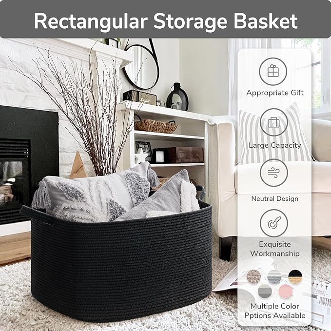 Goodpick Large Blanket Basket Living Room, 21.6" x 14.9" x 11.8" Woven Storage Basket for Blankets, Toys, Rectangle Rope Dirty Clothes Baskets for Nursery, Bedroom, Black