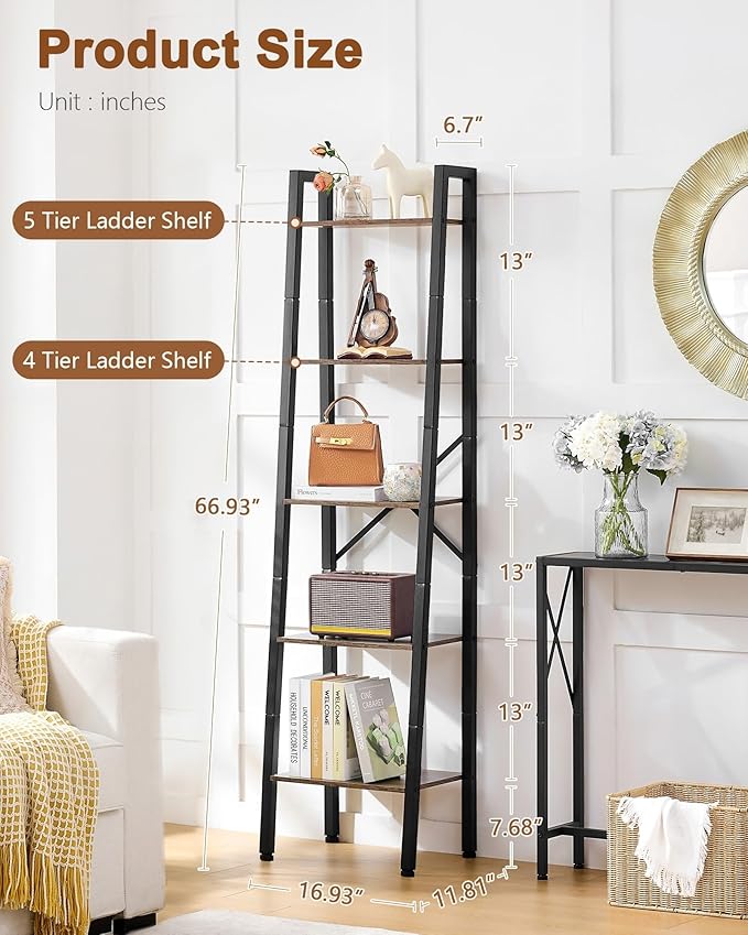 Hoctieon 5-Tier Industrial Ladder Bookshelf, Narrow Ladder Shelf, Tall Standing Bookshelf, Skinny Open Ladder Shelf, for Living Room, Home Office, Kitchen, Bedroom, Metal Frame, Greige