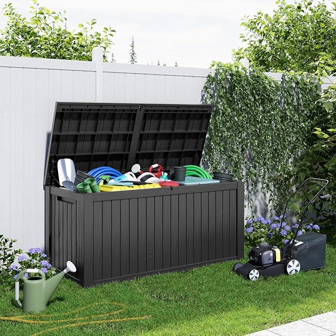 200 Gallon Resin Deck Box, Lockable Patio Outdoor Storage Box for Furniture, Garden Tools and Tools Storage, Waterproof Outside Storage Boxes - Black