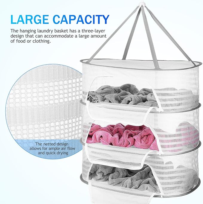 Toyvian Hanging Drying Rack with Zipper Mesh Net Windproof Clothes Organizer for Sweaters Underwear and Vegetables Ventilated Laundry Hanger for Indoor Outdoor Use
